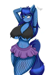 Size: 2894x4093 | Tagged: suggestive, artist:aerodoggy, derpibooru import, oc, unofficial characters only, anthro, earth pony, arm behind head, blushing, breasts, cleavage, clothes, earth pony oc, female, fishnets, image, jpeg, simple background, skirt, solo, solo female, white background