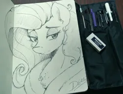 Size: 2048x1555 | Tagged: safe, artist:thelunarmoon, derpibooru import, fluttershy, pegasus, pony, chest fluff, clothes, doodle, eraser, female, image, lidded eyes, mare, png, pouch, signature, sketchbook, solo, traditional art