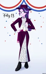 Size: 625x1000 | Tagged: safe, artist:riouku, derpibooru import, starlight glimmer, equestria girls, boots, chile, clothes, coat, commission, confetti, cute, dress, eyeshadow, fedora, female, glimmerbetes, hat, high heel boots, image, jpeg, makeup, shoes, solo