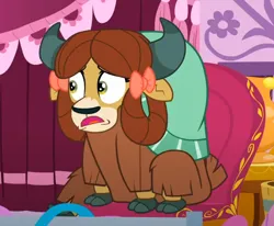 Size: 728x601 | Tagged: safe, derpibooru import, screencap, yona, yak, she's all yak, bow, cloven hooves, cropped, female, hair bow, image, monkey swings, png, solo