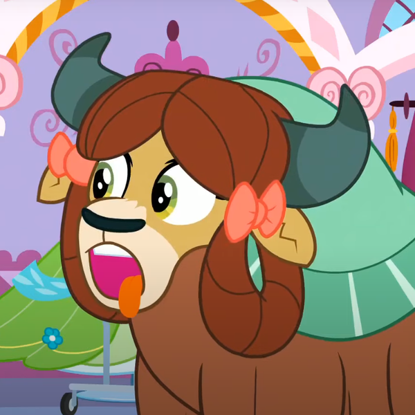 Size: 728x728 | Tagged: safe, derpibooru import, screencap, yona, yak, she's all yak, bow, cropped, female, hair bow, image, monkey swings, open mouth, png, solo, tongue out