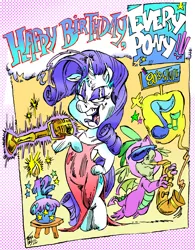 Size: 3191x4090 | Tagged: safe, artist:grotezco, artist:tokiotoyy2k, derpibooru import, rarity, spike, dragon, pony, unicorn, anniversary, birthday, cupcake, evening, food, glasses, image, jpeg, makeup, microphone stand, music notes, musical instrument, outfit catalog, pose, saxophone, singing, solo, vintage