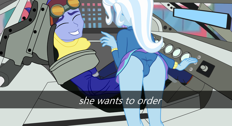 Size: 2900x1577 | Tagged: suggestive, artist:gmaplay, derpibooru import, hoo'far, trixie, equestria girls, ass, blue underwear, butt, car interior, clothes, female, he wants to order, image, male, meme, panties, png, selfie, shipping, straight, the great and powerful ass, trixfar, underwear