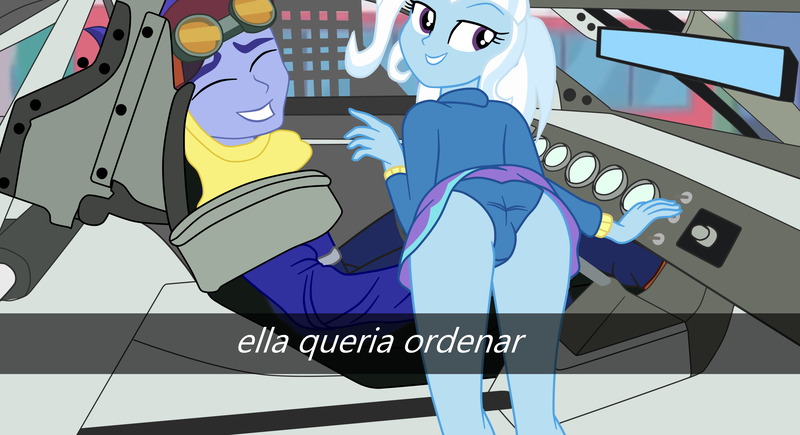 Size: 2900x1577 | Tagged: suggestive, artist:gmaplay, derpibooru import, hoo'far, trixie, equestria girls, ass, blue underwear, butt, car interior, clothes, female, he wants to order, image, male, meme, panties, png, selfie, shipping, straight, the great and powerful ass, trixfar, underwear