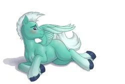 Size: 1028x690 | Tagged: safe, artist:anadukune, derpibooru import, pegasus, pony, blushing, cute, g5, image, jpeg, lying down, male, missing accessory, side, simple background, solo, stallion, thunder (g5), white background