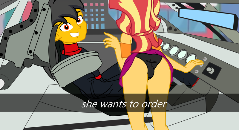 Size: 2900x1577 | Tagged: suggestive, derpibooru import, sunset shimmer, oc, oc:saint rider, equestria girls, ass, bunset shimmer, butt, car interior, clothes, he wants to order, image, meme, png, seductive pose, selfie, solo, underwear