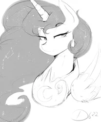 Size: 2700x3262 | Tagged: safe, artist:thelunarmoon, derpibooru import, princess luna, alicorn, pony, constellation, doodle, female, grayscale, image, lidded eyes, mare, monochrome, peytral, png, smiling, solo, wings