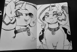 Size: 2048x1400 | Tagged: safe, artist:thelunarmoon, derpibooru import, oc, oc:lilith, unofficial characters only, succubus, unicorn, both cutie marks, collar, doodle, eyeshadow, fangs, female, freckles, image, inked, lidded eyes, makeup, monochrome, open mouth, open smile, png, sketchbook, smiling, solo, solo female, traditional art, wide hips