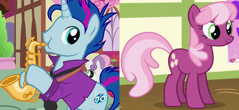 Size: 2328x1073 | Tagged: safe, derpibooru import, edit, edited screencap, screencap, cheerilee, sweetie belle, earth pony, pony, unicorn, hearts and hooves day (episode), the fault in our cutie marks, crack shipping, cropped, duo focus, female, image, male, mare, musical instrument, png, saxophone, shipping, shipping domino, stallion, straight