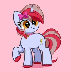 Size: 3242x3326 | Tagged: safe, artist:kittyrosie, derpibooru import, oc, oc:cinnamon lightning, unofficial characters only, pony, unicorn, bell, bell collar, collar, cute, female, image, mare, ocbetes, pink background, png, simple background, solo, unshorn fetlocks