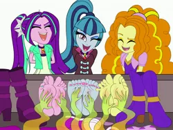 Size: 4800x3600 | Tagged: suggestive, artist:cleaninghousetk, derpibooru import, adagio dazzle, aria blaze, sonata dusk, human, equestria girls, rainbow rocks, barefoot, bondage, boots, clothes, cute, eyes closed, feet, fetish, foot fetish, foot focus, image, jpeg, laughing, nail polish, one eye closed, open mouth, raised eyebrow, shoes, shoes removed, socks, soles, stocks, tickle fetish, tickle torture, tickling, toenail polish, toes