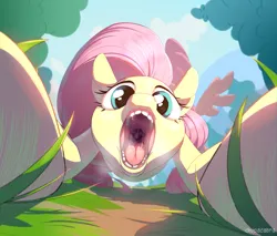 Size: 4091x3484 | Tagged: suggestive, artist:chupacabra, derpibooru import, fluttershy, pegasus, pony, breath, drool, drool string, grass, image, imminent vore, low angle, mawshot, offscreen character, open mouth, png, pov, teeth, throat, uvula, wings