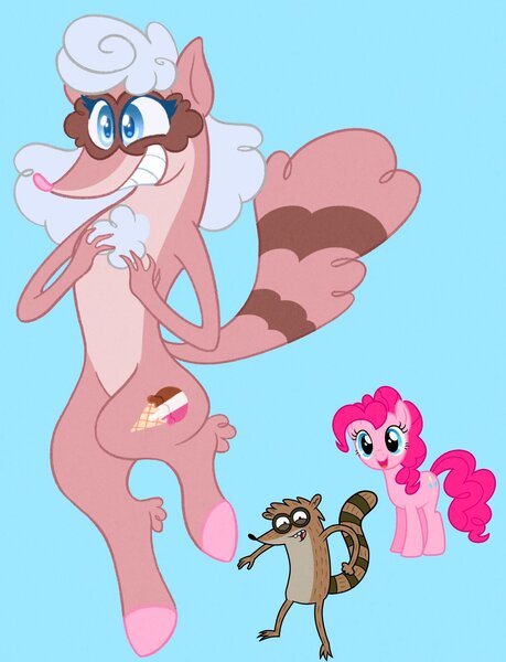 Size: 1568x2048 | Tagged: safe, artist:carouselunique, derpibooru import, pinkie pie, oc, earth pony, hybrid, pony, raccoon, raccoon pony, bipedal, bipedal leaning, blue background, chest fluff, crossover, crossover shipping, female, image, interspecies offspring, jpeg, leaning, male, mare, offspring, parent:pinkie pie, parent:rigby, parents:rigbypie, regular show, rigby, rigbypie, shipping, simple background, straight