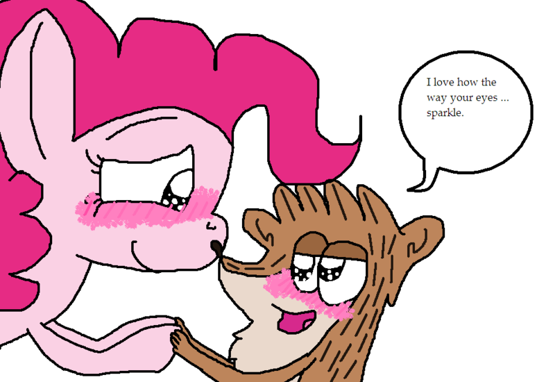 Size: 947x651 | Tagged: safe, artist:miatehkitty, derpibooru import, pinkie pie, earth pony, pony, raccoon, blushing, crossover, crossover shipping, deviantart, female, happy, image, male, mare, ms paint, png, regular show, rigby, rigbypie, shipping, simple background, straight, teary eyes, text, white background