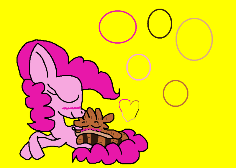 Size: 887x632 | Tagged: safe, artist:miatehkitty, derpibooru import, pinkie pie, earth pony, pony, raccoon, blushing, crossover, crossover shipping, deviantart, eyes closed, female, happy, image, male, mare, ms paint, png, regular show, rigby, rigbypie, shipping, simple background, straight, tail, tail wrap, yellow background