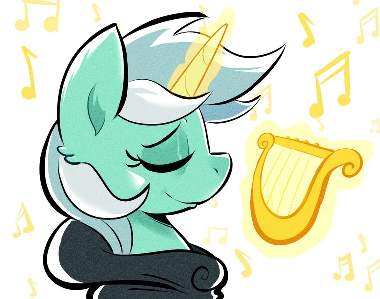 Size: 1373x1080 | Tagged: safe, artist:another_pony, derpibooru import, lyra heartstrings, pony, unicorn, fanfic:background pony, bust, clothes, dig the swell hoodie, eyes closed, female, hoodie, image, jpeg, lyre, magic, mare, music notes, musical instrument, portrait, profile, solo, telekinesis