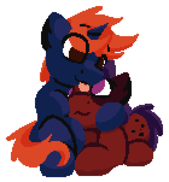 Size: 560x604 | Tagged: safe, artist:rhythmpixel, derpibooru import, oc, oc:fizakn catto, oc:mony caalot, unofficial characters only, earth pony, pony, unicorn, hug, image, licking, looking at each other, looking at someone, pixel art, png, simple background, tongue out, transparent background