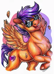 Size: 2545x3485 | Tagged: safe, artist:lupiarts, derpibooru import, scootaloo, pony, drawing, feather, feathered wings, female, filly, foal, happy, image, jpeg, marker drawing, smiling, spread wings, sunglasses, teenager, tooth gap, traditional art, wings