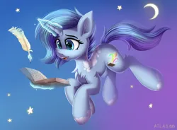 Size: 2000x1473 | Tagged: safe, artist:atlas-66, derpibooru import, oc, unofficial characters only, pony, unicorn, crescent moon, cutie mark, feather, female, horn, image, journal, levitation, magic, mare, moon, png, quill, solo, stars, telekinesis, unicorn oc