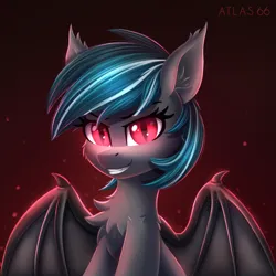 Size: 2000x2000 | Tagged: safe, artist:atlas-66, derpibooru import, oc, oc:malachite cluster, unofficial characters only, bat pony, pony, bat pony oc, bat wings, glow, glowing eyes, image, male, png, red background, red eyes, simple background, sitting, solo, wings