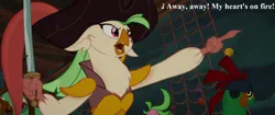 Size: 1920x804 | Tagged: safe, derpibooru import, edit, edited screencap, screencap, captain celaeno, lix spittle, mullet (character), parrot pirates, my little pony: the movie, cutlass, gilbert and sullivan, hat, image, lyrics, pirate, png, song reference, sword, text, the pirates of penzance, tricorne, weapon