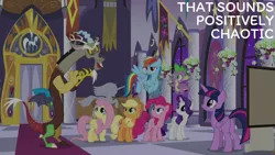 Size: 1920x1080 | Tagged: safe, derpibooru import, edit, edited screencap, editor:quoterific, screencap, applejack, discord, fluttershy, pinkie pie, rainbow dash, rarity, spike, twilight sparkle, twilight sparkle (alicorn), alicorn, dragon, earth pony, pegasus, pony, unicorn, the summer sun setback, female, flying, image, male, mane six, mare, png, winged spike, wings