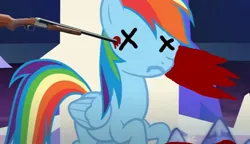 Size: 688x397 | Tagged: grimdark, derpibooru import, edit, edited screencap, screencap, rainbow dash, pegasus, pony, blood, dead, dead eyes, gun, image, jpeg, photo, shotgun, solo, weapon