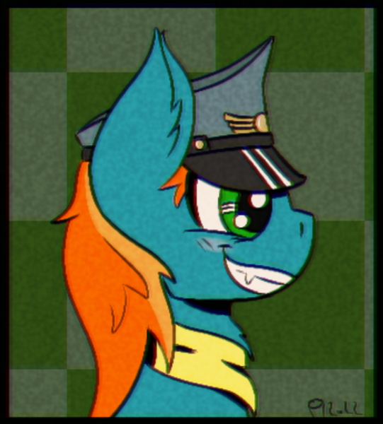 Size: 767x850 | Tagged: safe, artist:scarletdoodle, derpibooru import, oc, oc:angelo, unofficial characters only, pony, anime, anime style, blue coat, bust, covering eyes, evil grin, green eyes, grin, hat, image, male, multicolored hair, orange mane, peaked cap, png, portrait, smiling, solo, solo male, stallion, team captain, team fortress 2