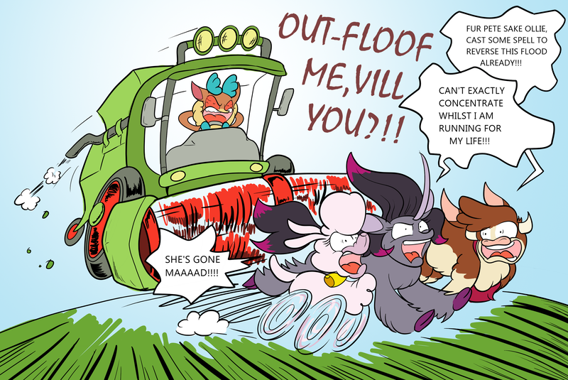 Size: 3024x2024 | Tagged: safe, artist:duragan, derpibooru import, oleander (tfh), velvet reindeer, them's fightin' herds, angry, arizona (tfh), combine harvester, community related, dialogue, image, jealous, png, pom (tfh), running, running away, yelling