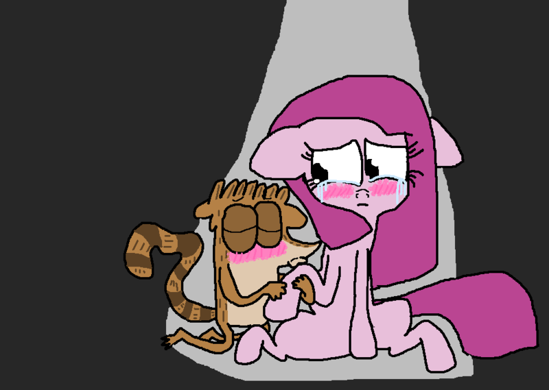 Size: 952x677 | Tagged: safe, artist:miatehkitty, derpibooru import, pinkie pie, earth pony, pony, raccoon, blushing, consoling, crossover, crossover shipping, crying, deviantart, eyes closed, female, gray background, hoof kissing, image, male, mare, ms paint, pinkamena diane pie, png, regular show, rigby, rigbypie, sad, shipping, simple background, straight, teary eyes