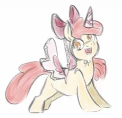 Size: 1778x1722 | Tagged: safe, artist:mayugraffiti, derpibooru import, apple bloom, earth pony, pony, adorabloom, alicorn costume, clothes, costume, cute, fake horn, fake wings, female, filly, foal, image, jpeg, open mouth, simple background, solo, white background