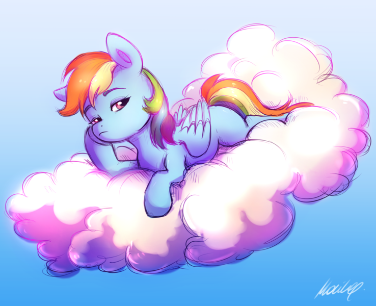 Size: 2140x1740 | Tagged: safe, artist:buttersprinkle, derpibooru import, rainbow dash, pegasus, pony, bored, cloud, female, image, looking at you, lying down, mare, missing cutie mark, on a cloud, png, signature, simple background, sky, solo, solo female