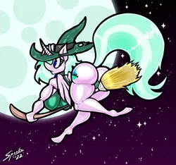 Size: 2480x2322 | Tagged: suggestive, artist:saliantsunbreeze, derpibooru import, oc, oc:sapphire night, alicorn, anthro, alicorn oc, butt, horn, image, moon, no source available, png, solo, wings, witch costume