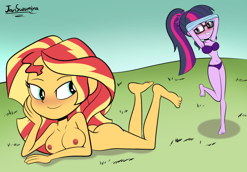 Size: 3000x2084 | Tagged: questionable, artist:javisuzumiya, derpibooru import, sci-twi, sunset shimmer, twilight sparkle, human, equestria girls, ass, big breasts, blushing, breasts, bunset shimmer, busty sunset shimmer, busty twilight sparkle, butt, exhibitionism, female, image, lesbian, nipples, nudity, outdoors, png, public nudity, scitwishimmer, shipping, smiling, sunsetsparkle, undressing