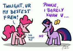 Size: 4093x2894 | Tagged: safe, artist:julunis14, pinkie pie, twilight sparkle, earth pony, pony, unicorn, the ticket master, dialogue, female, image, jpeg, mare, simple background, unicorn twilight, white background