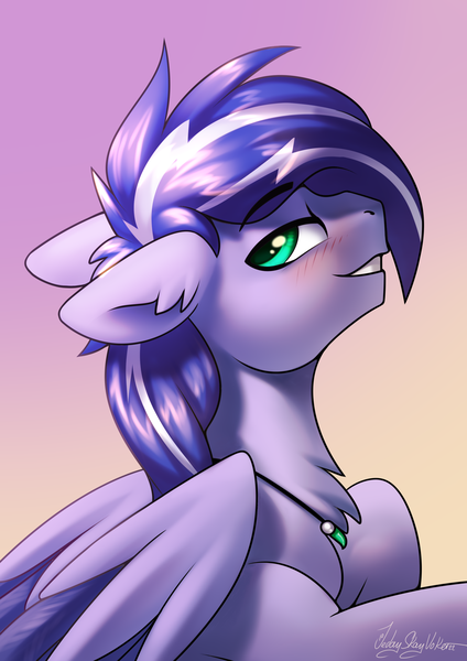 Size: 2000x2828 | Tagged: safe, artist:jedayskayvoker, derpibooru import, oc, oc:lightning flare, pegasus, pony, blushing, bust, chest fluff, commission, cute, ear fluff, folded wings, gradient background, green eyes, horny, icon, image, jewelry, looking back, male, necklace, pegasus oc, png, portrait, smiling, solo, stallion, wings