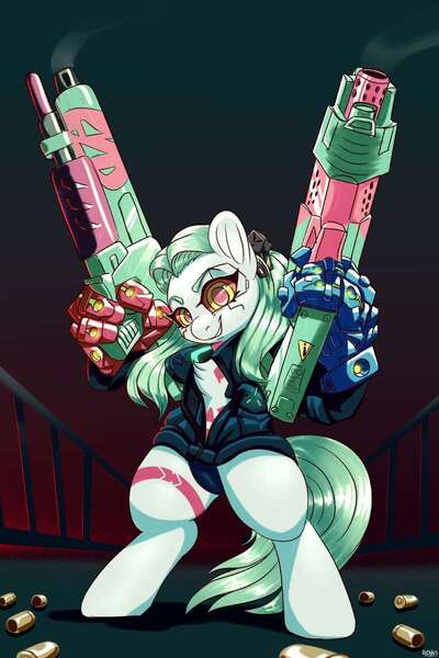 Size: 800x1200 | Tagged: safe, artist:redvais, ponified, semi-anthro, cyberpunk: edgerunners, female, gun, image, jpeg, looking at you, rebecca (cyberpunk: edgerunners), solo, weapon