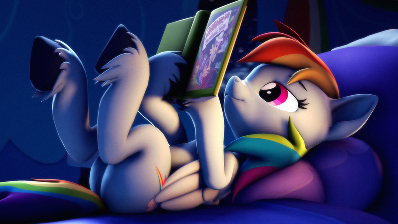 Size: 3840x2160 | Tagged: safe, artist:psfmer, derpibooru import, daring do, rainbow dash, pegasus, pony, 3d, bed, bedroom, book, butt, cute, daring do and the sapphire statue, dashabetes, exploitable meme, hooves up, image, laying on bed, lying down, meme, on back, on bed, plot, png, rainbow dash's bedroom, rainbutt dash, reading, reading rainbow, solo, source filmmaker, underhoof, unshorn fetlocks