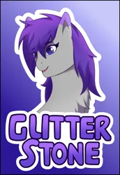 Size: 1670x2432 | Tagged: safe, artist:autumnsfur, derpibooru import, oc, oc:glitter stone, unofficial characters only, earth pony, pony, badge, blue eyes, bust, chest fluff, con badge, convention, digital art, earth pony oc, eyelashes, female, g4, g5, gray coat, gray fur, hair over one eye, happy, head tilt, head turn, head turned, image, long hair, looking at something, mare, name, outline, png, portrait, purple eyes, purple hair, purple mane, simple background, smiling, smirk, solo, text, uk ponycon, white outline