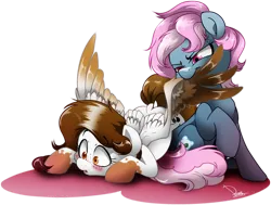 Size: 1000x755 | Tagged: safe, artist:dormin-dim, derpibooru import, oc, unofficial characters only, earth pony, pegasus, pony, assisted preening, earth pony oc, image, pegasus oc, png, wings