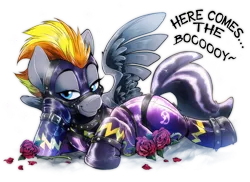 Size: 2200x1600 | Tagged: suggestive, artist:dormin-dim, derpibooru import, oc, oc:blaze (shadowbolt), unofficial characters only, pegasus, pony, clothes, costume, draw me like one of your french girls, flower, harness, image, latex, latex suit, male, png, rose, shadowbolts, shadowbolts costume, shiny, simple background, solo, stallion, tack, transparent background