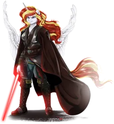 Size: 2223x2412 | Tagged: safe, artist:dormin-dim, derpibooru import, oc, oc:thunder mane, unofficial characters only, alicorn, anthro, plantigrade anthro, alicorn oc, horn, image, lightsaber, png, simple background, solo, star wars, transparent background, weapon, wings