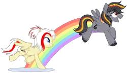 Size: 4963x2856 | Tagged: safe, artist:mcjojo, artist:virumi, derpibooru import, oc, oc:antilag, oc:redsun, pegasus, duo, duo male and female, female, image, jumping, male, png, rainbow, running, simple background, transparent background