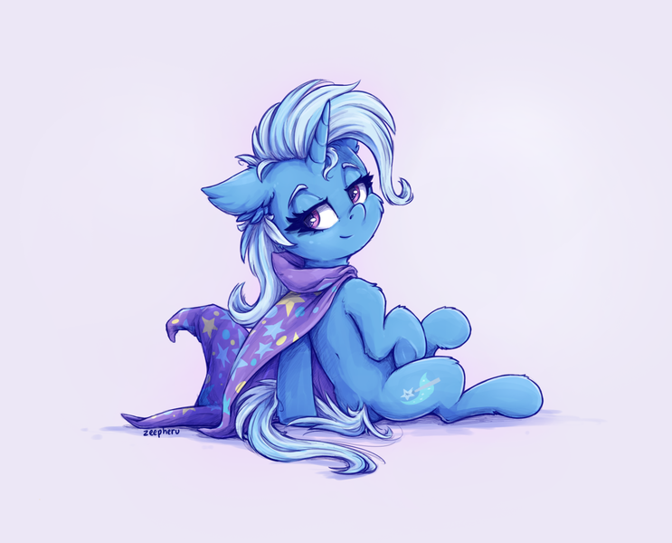 Size: 1547x1249 | Tagged: safe, artist:zeepheru_pone, derpibooru import, trixie, pony, unicorn, bedroom eyes, cape, clothes, ear fluff, female, hat, image, looking at you, mare, png, signature, simple background, smiling, smiling at you, solo, trixie's cape, trixie's hat