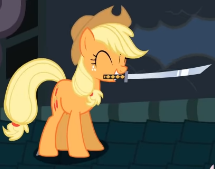 Size: 215x169 | Tagged: safe, artist:mysteryben, derpibooru import, edit, applejack, earth pony, pony, rhythm is magic, applejack's hat, cowboy hat, cropped, eyes closed, female, hat, image, katana, mare, mouth hold, picture for breezies, png, remix apple apple apple, smiling, sword, weapon, youtube link