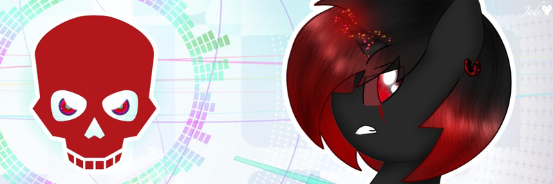 Size: 1500x500 | Tagged: safe, artist:jadebreeze115, derpibooru import, oc, oc:negative, alicorn, angry, banner, ear piercing, earring, eye scar, facial scar, image, jewelry, male, photo, piercing, png, scar, skull, solo