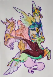 Size: 1920x2798 | Tagged: safe, artist:oneiria-fylakas, derpibooru import, thorax, oc, oc:himi, oc:miranda, changedling, changeling, image, jpeg, king thorax, traditional art