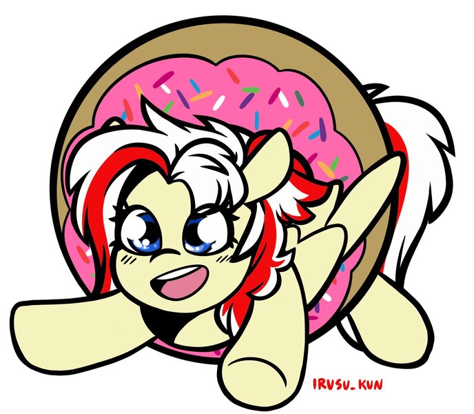 Size: 1785x1557 | Tagged: safe, artist:lrusu, derpibooru import, oc, oc:redsun, unofficial characters only, pegasus, pony, blue eyes, donut, female, food, frosting, image, jpeg, open mouth, solo, spread wings, sprinkles, wings