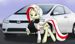 Size: 1280x751 | Tagged: safe, artist:mewinabubble, derpibooru import, oc, oc:redsun, unofficial characters only, pegasus, pony, blue eyes, clothes, female, folded wings, helmet, honda, honda civic, image, jacket, jpeg, mare, solo, wings