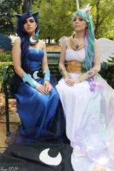 Size: 1365x2048 | Tagged: safe, artist:artisticdoe, artist:atemumustang, derpibooru import, princess celestia, princess luna, human, bare shoulders, clothes, cosplay, costume, female, image, irl, irl human, jpeg, photo, royal sisters, siblings, sisters